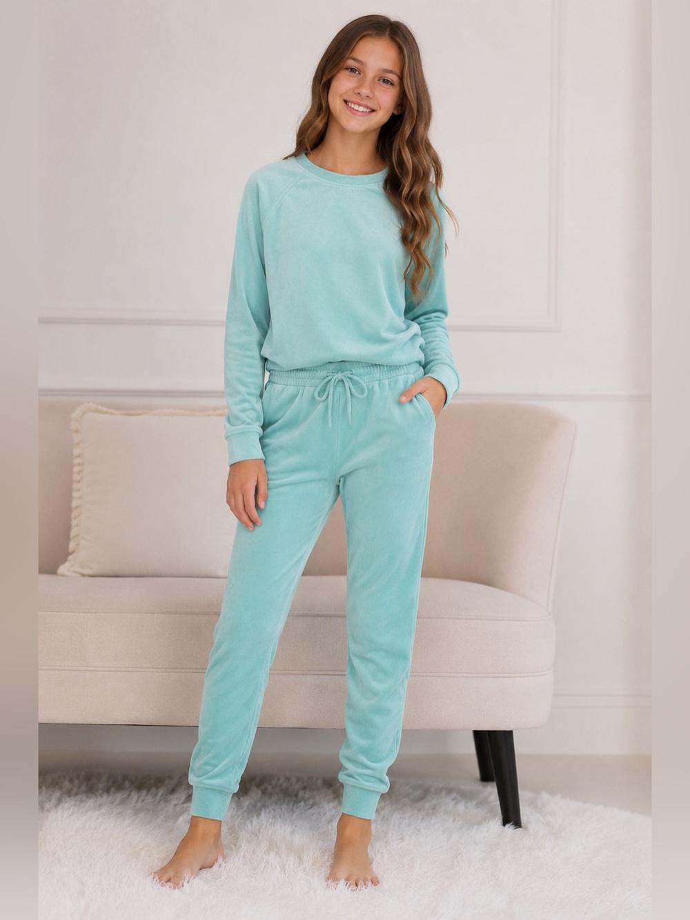 Nordstrom Girls 2-Piece Lounge Set Size 14-16 Teal Turquoise Faux Suede New